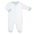 Blue Dots Zipped Footie, Blue Trim