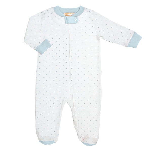 Blue Dots Zipped Footie, Blue Trim