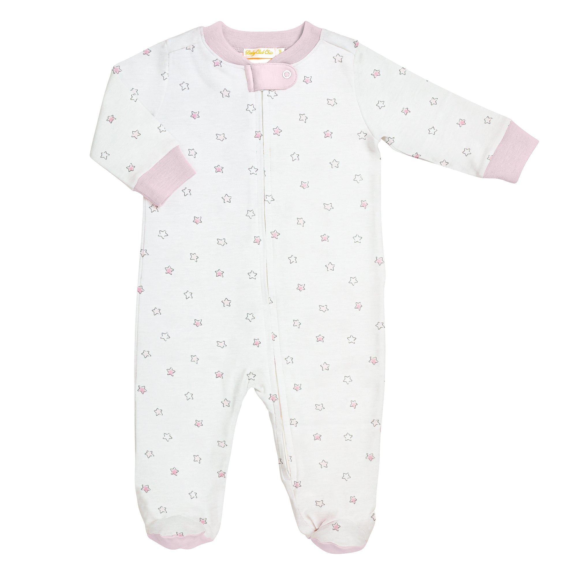 Pink Little Stars Zipped Footie, Pink Trim