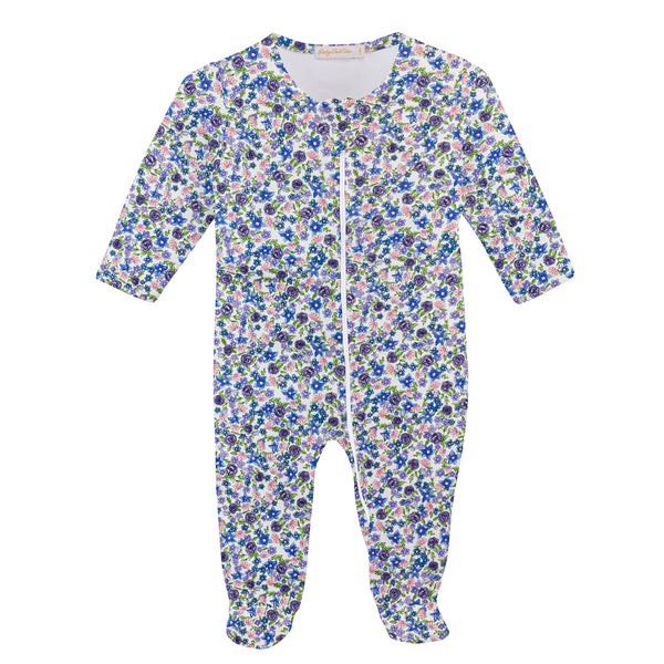 Blue Little Flowers Printed Zipped Footie