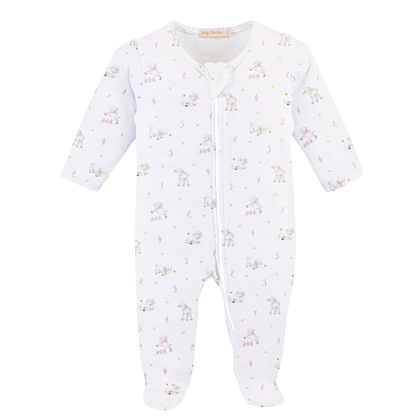 Counting Baby Sheep Pink Printed Zipped Footie