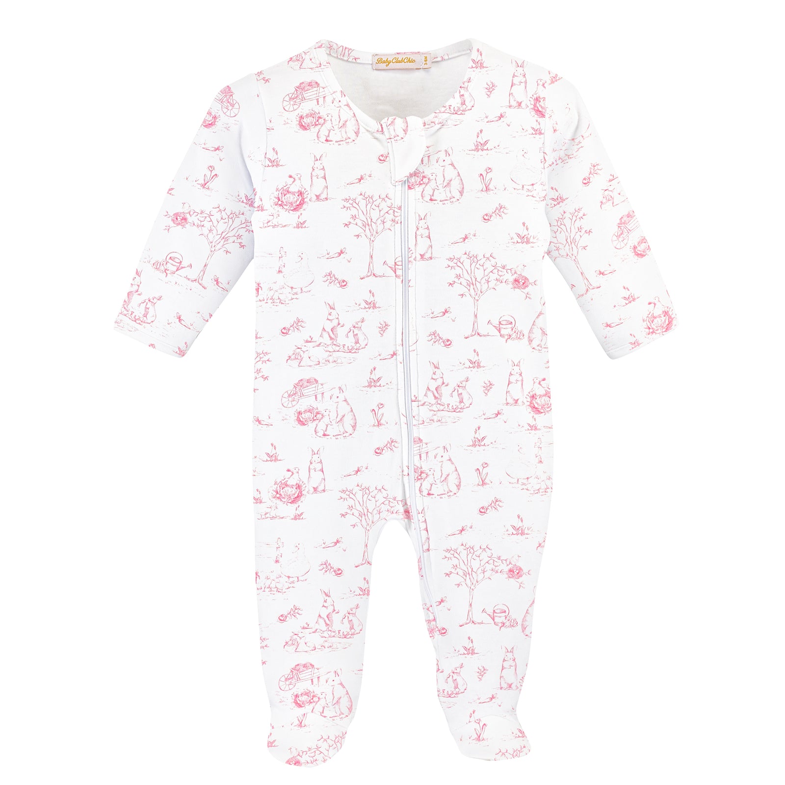 Baby Club Chic Pink Toile Bunnies Zipped Footie