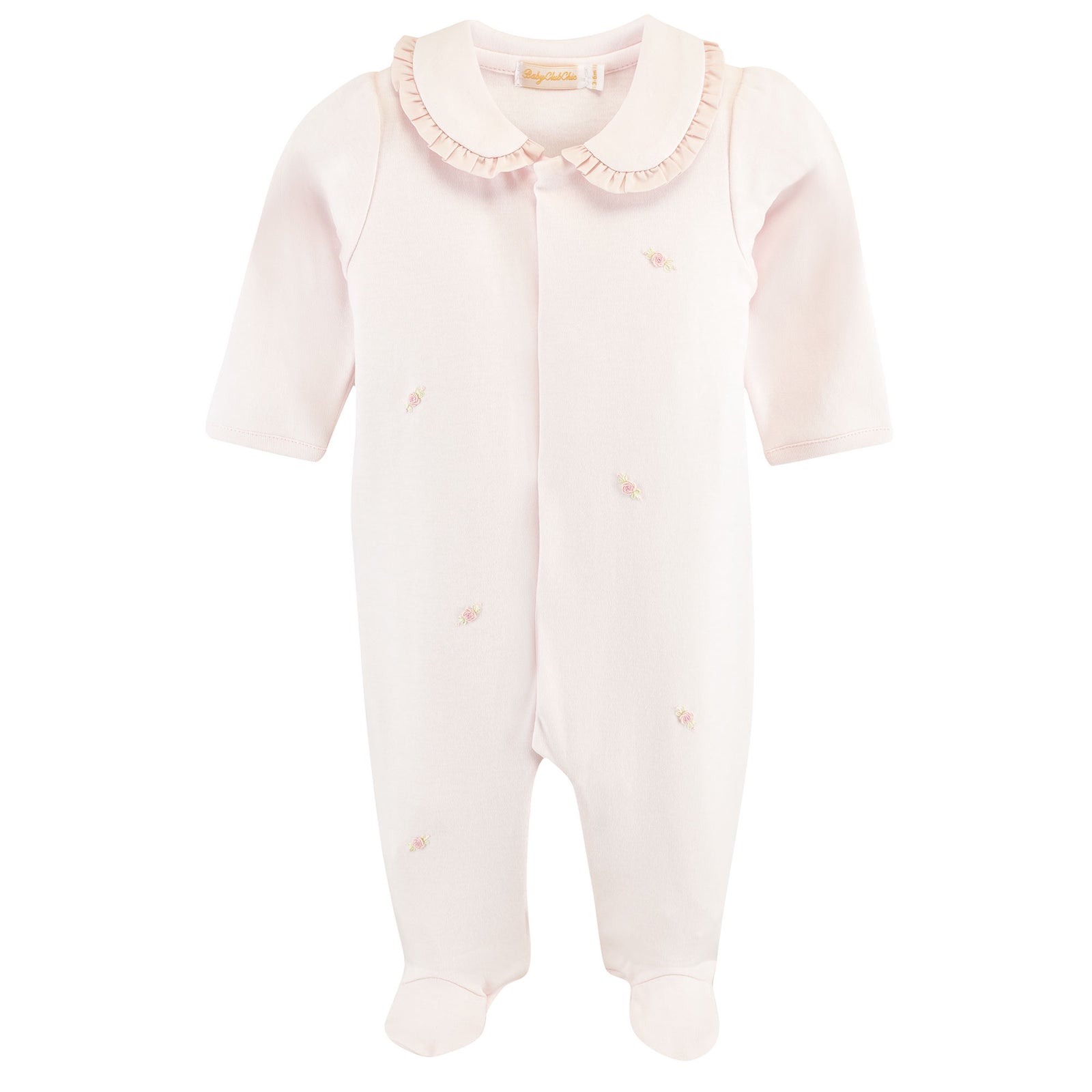 Collared Footie W/all Over Embroidery, Pink Rosebuds