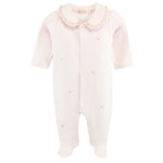 Collared Footie W/all Over Embroidery, Pink Rosebuds