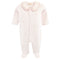 Collared Footie W/all Over Embroidery, Pink Rosebuds