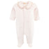 Collared Footie W/all Over Embroidery, Pink Rosebuds