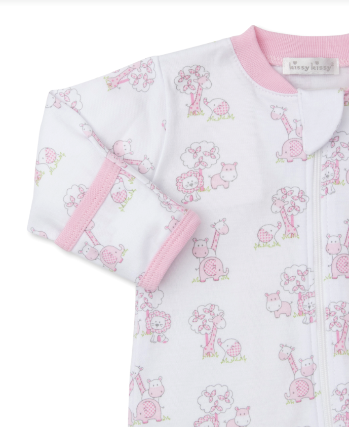 Gingham Jungle Footie with Zip, Pink