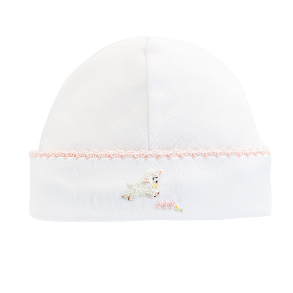 Baby Lambs - Pink Round Hat with Crochet Trim