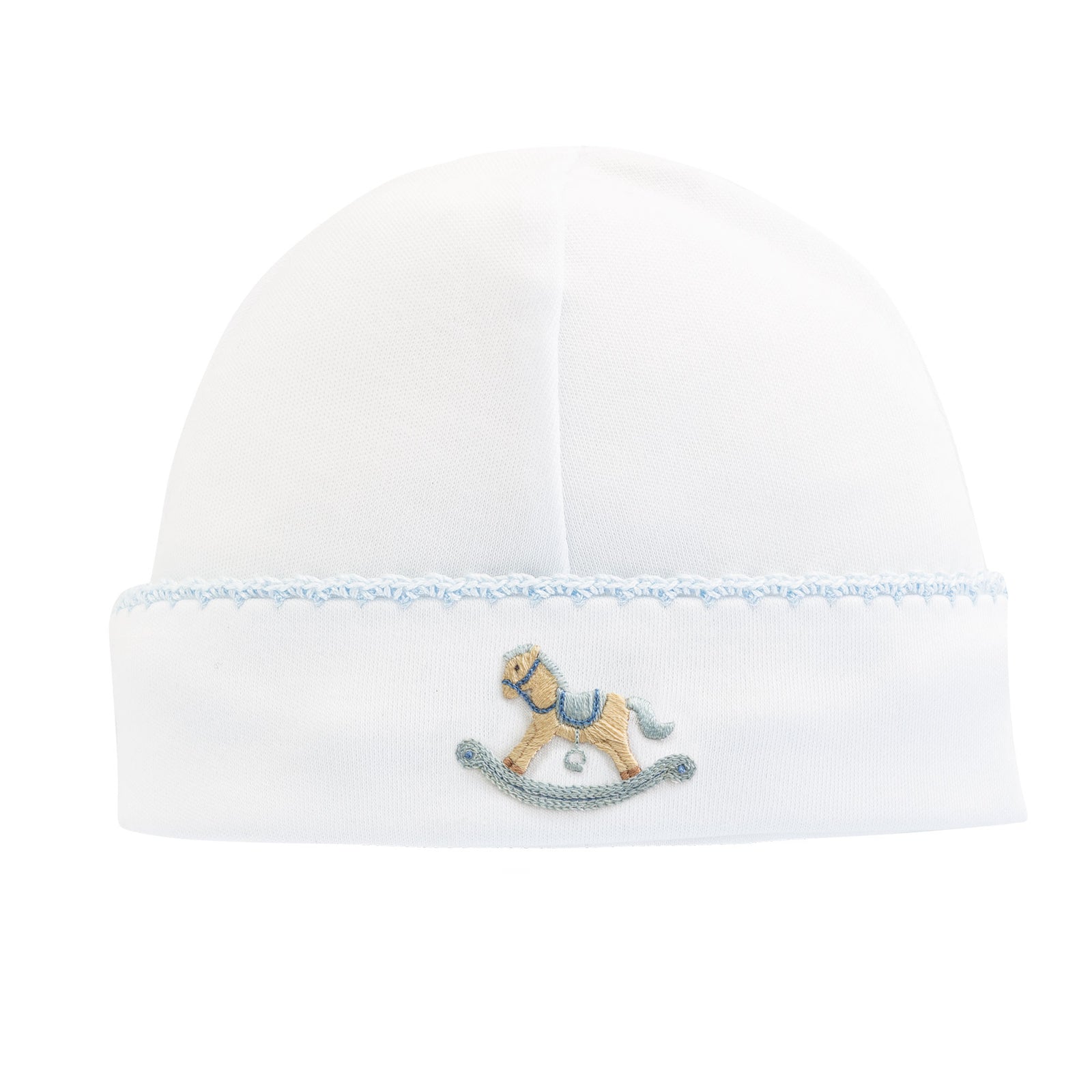 Cute Rocking Horse - Round Hat with Blue Crochet Trim