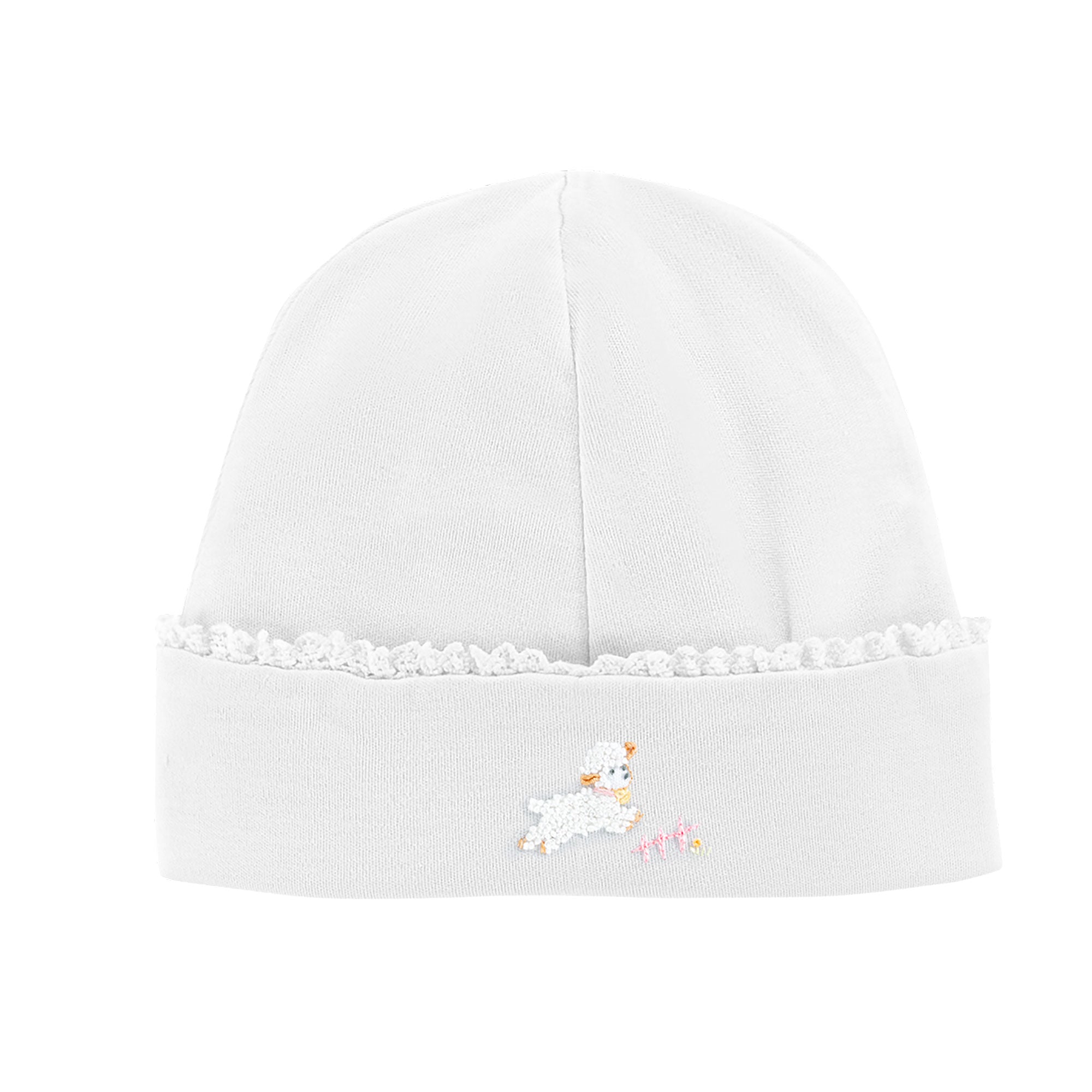 Baby Club Chic Baby Lambs Round Hat with White Crochet Trim