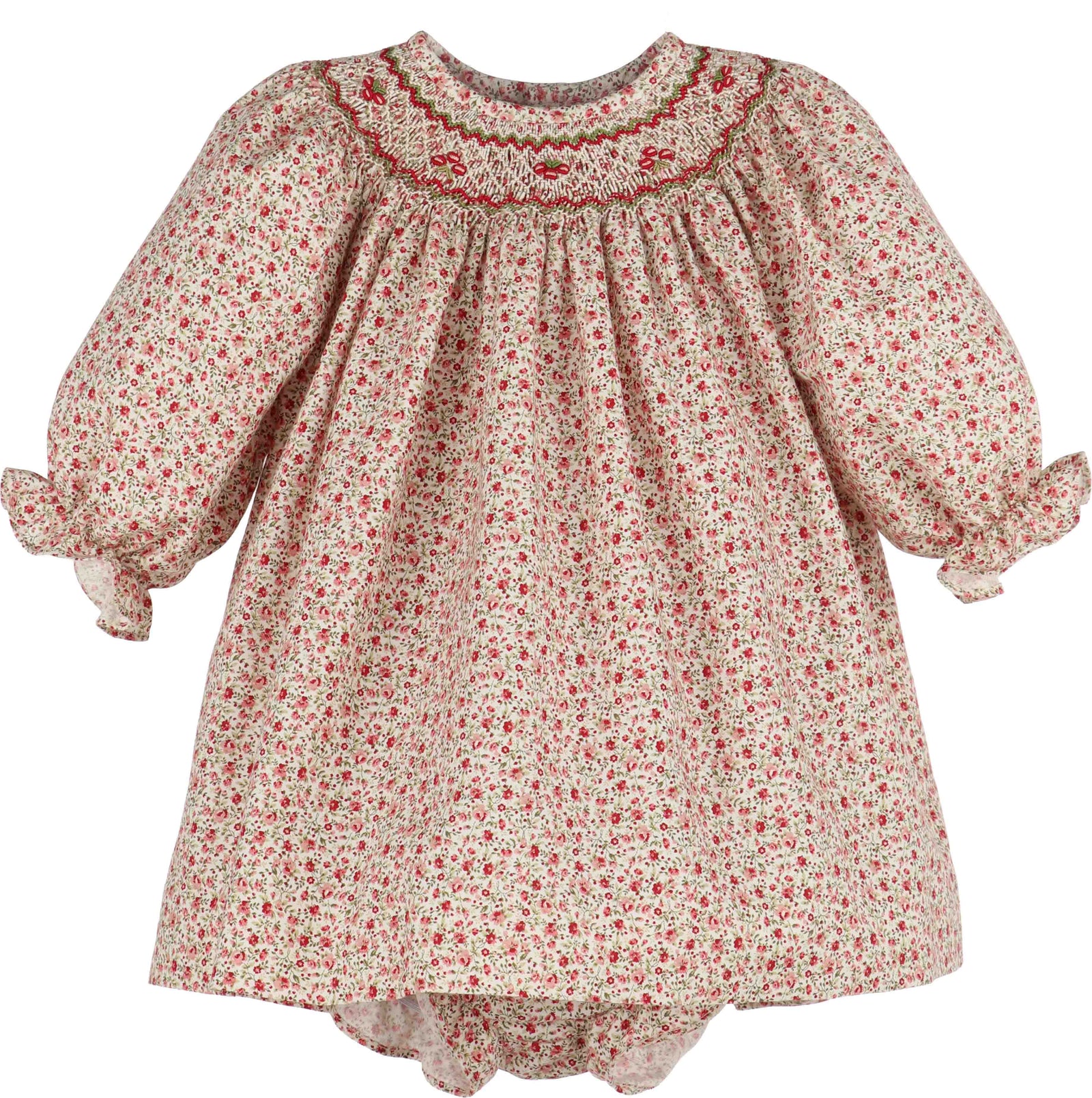 Luli & Me Mulberry Floral Bishop, Red Dress & Bloomers Set, Embroidery Handmade
