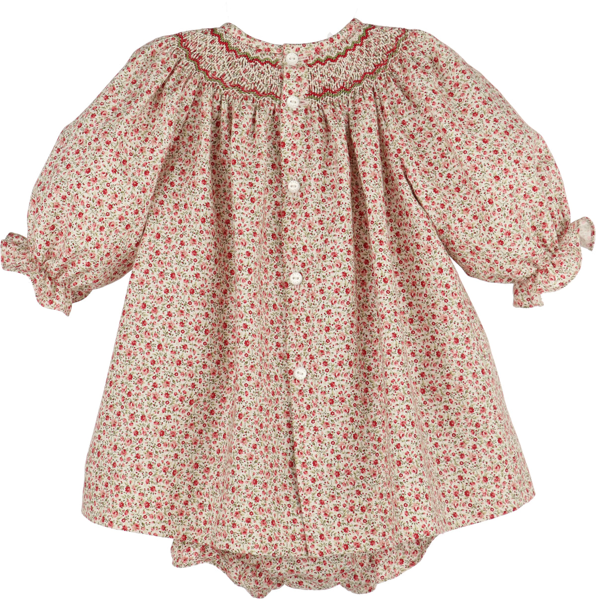 Luli & Me Mulberry Floral Bishop, Red Dress & Bloomers Set, Embroidery Handmade