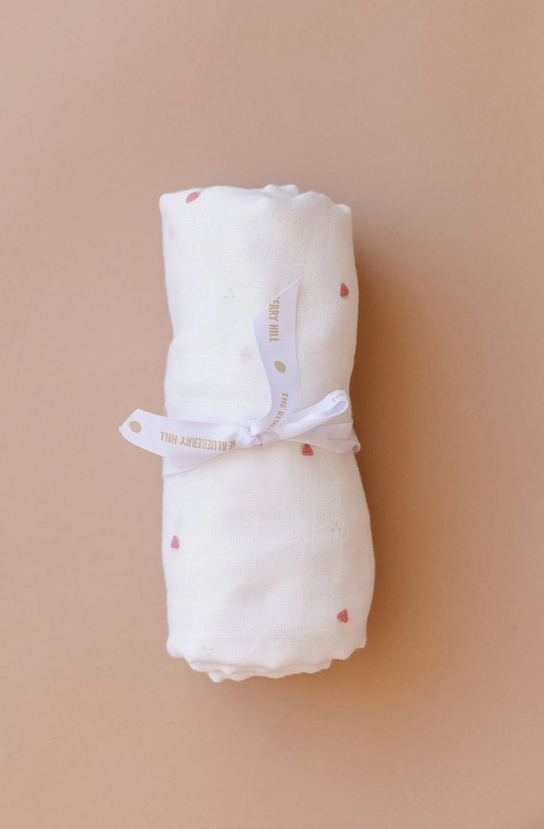 The Blueberry Hill Muslin Swaddle Strawberry Organic Cotton Baby Blanket Gift