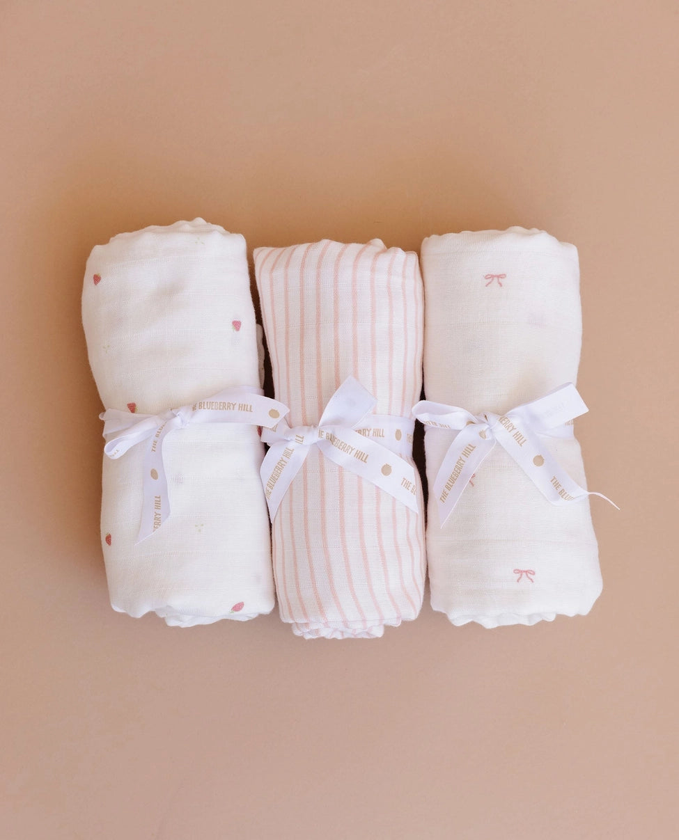 The Blueberry Hill Muslin Swaddle Strawberry Organic Cotton Baby Blanket Gift