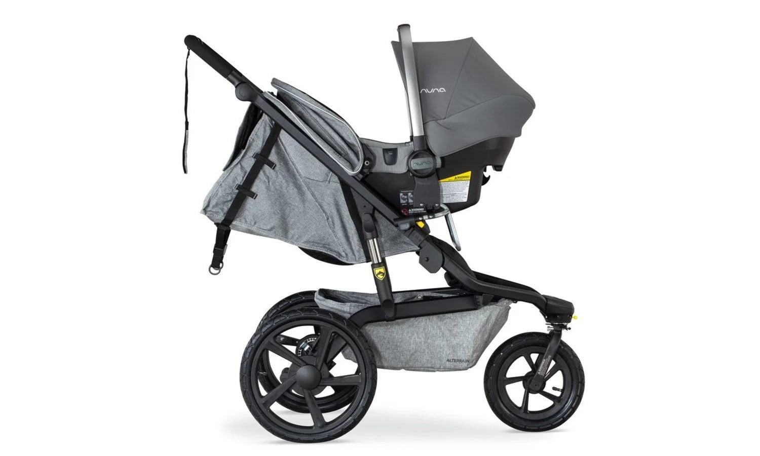 Right Side Profile of NUNA car seat attached to an Alterrain Stroller using an Infant Car Seat Adapter