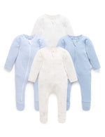 Purebaby Pale Blue Bear 4 Pack Zip Growsuit