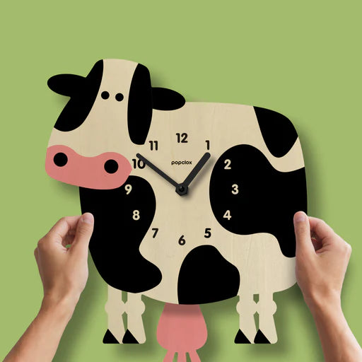Popclox Pendulum Clock, Cow (Wood)