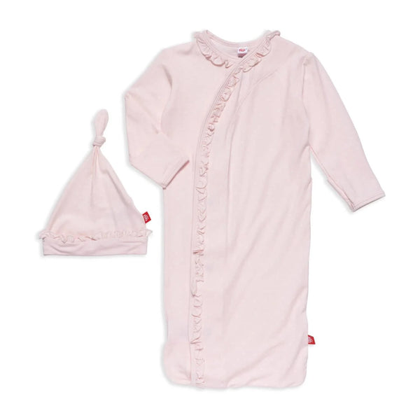 Pin Dot Modal Magnetic Sleeper Gown + Hat Set with Ruffles, Pink