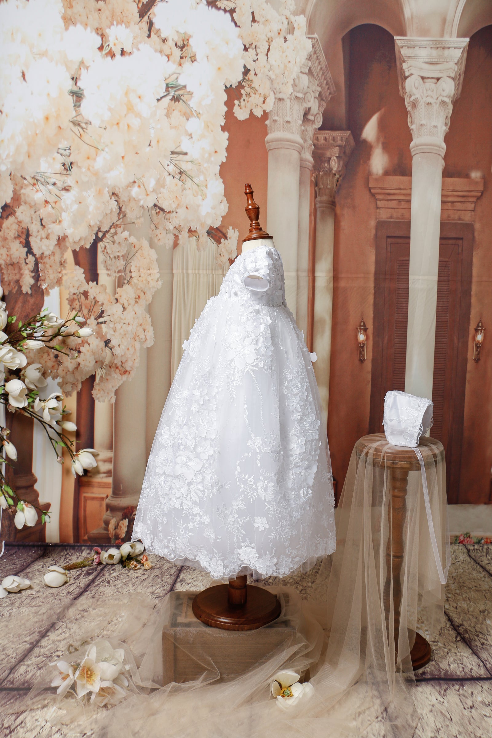 Embroidered with Pearl, 3D Floral, Christening Gown SS, Bonnet