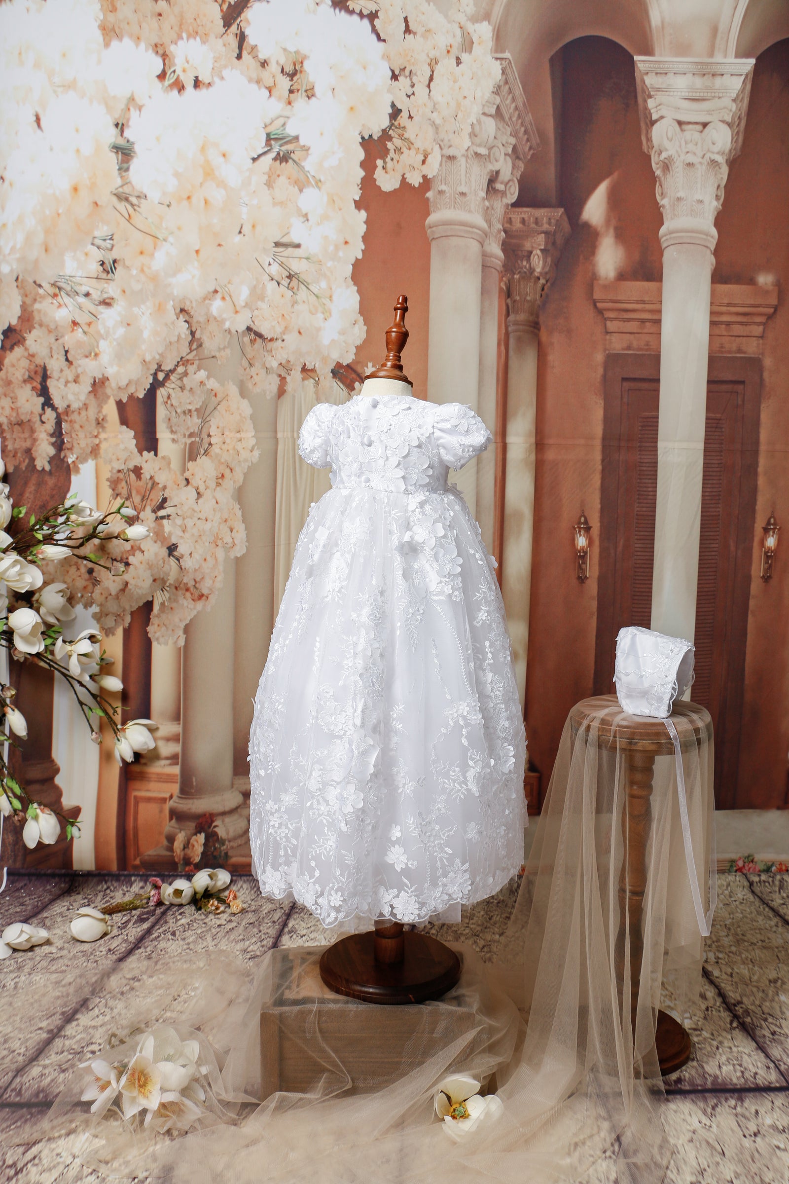 Embroidered with Pearl, 3D Floral, Christening Gown SS, Bonnet