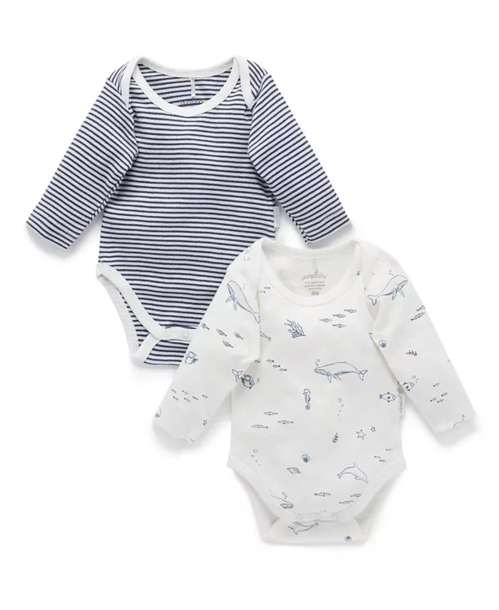 Purebaby 2 Pack Long Sleeve Bodysuit, Nautical