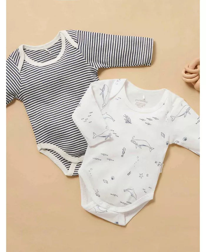 Purebaby 2 Pack Long Sleeve Bodysuit, Nautical