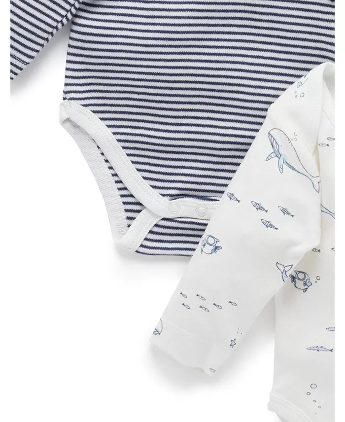 Purebaby 2 Pack Long Sleeve Bodysuit, Nautical