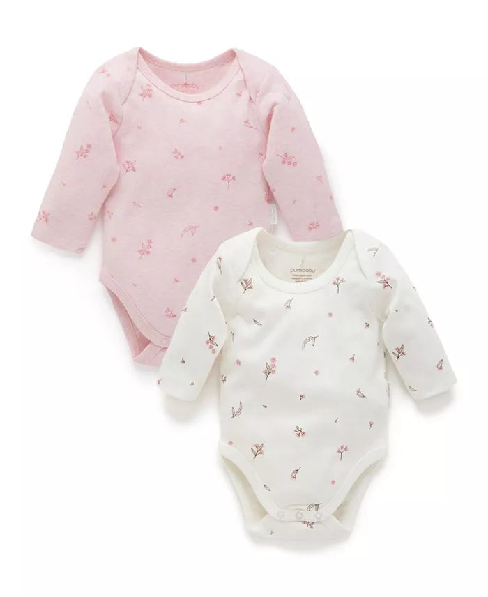 Purebaby 2 Pack Long Sleeve Bodysuit, Pale Pink Blossom Pack