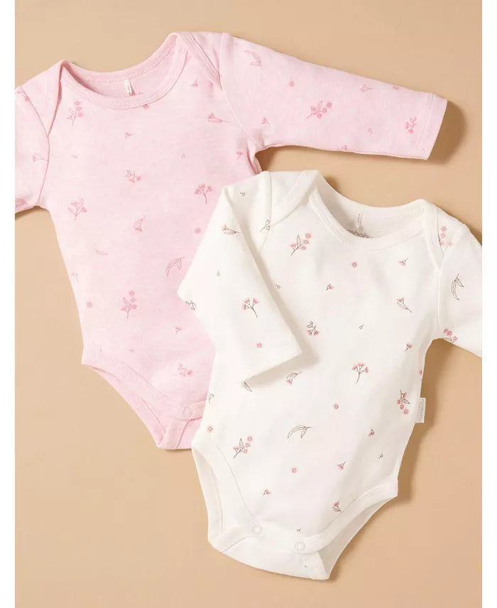 Purebaby 2 Pack Long Sleeve Bodysuit, Pale Pink Blossom Pack