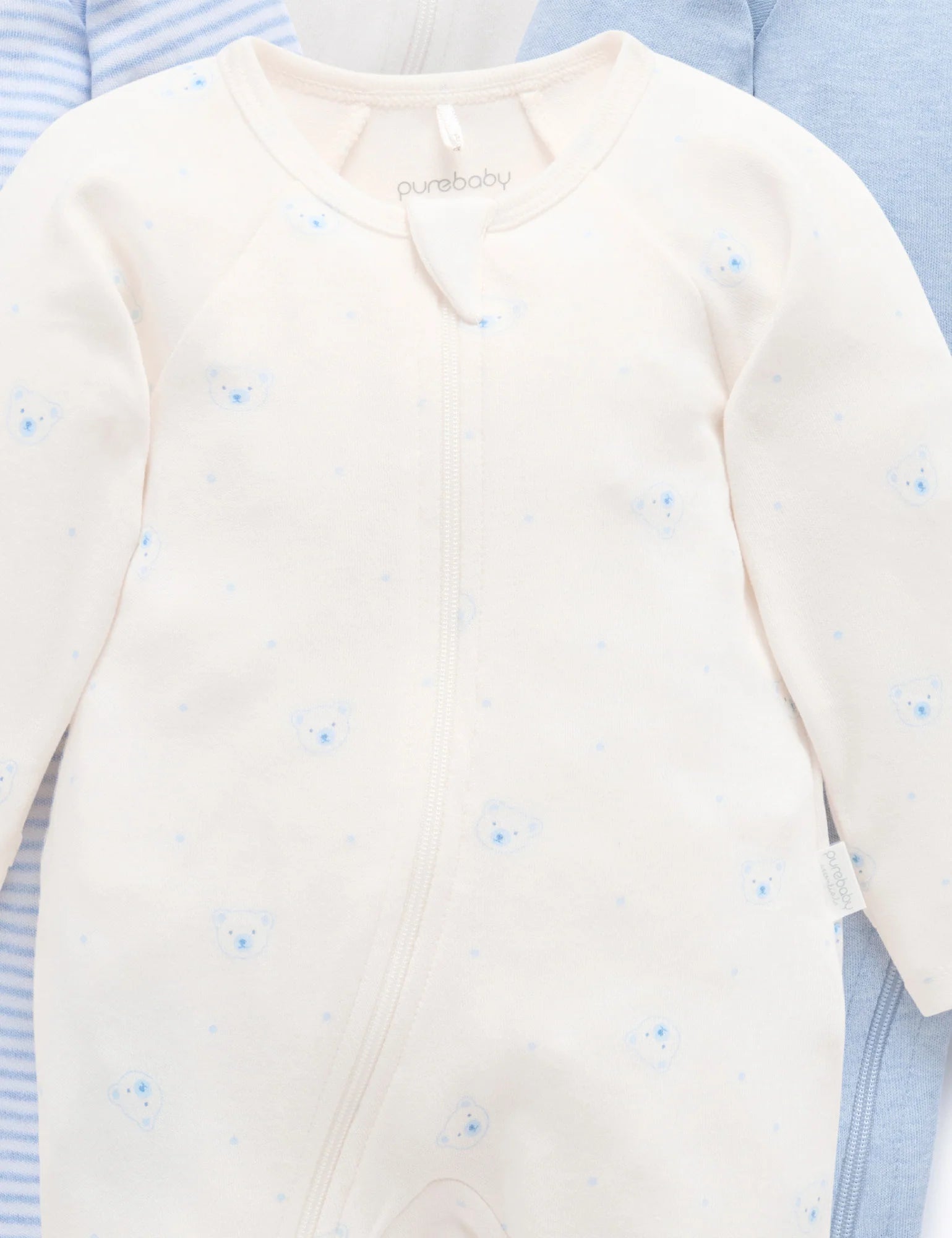 Purebaby Pale Blue Bear 4 Pack Zip Growsuit
