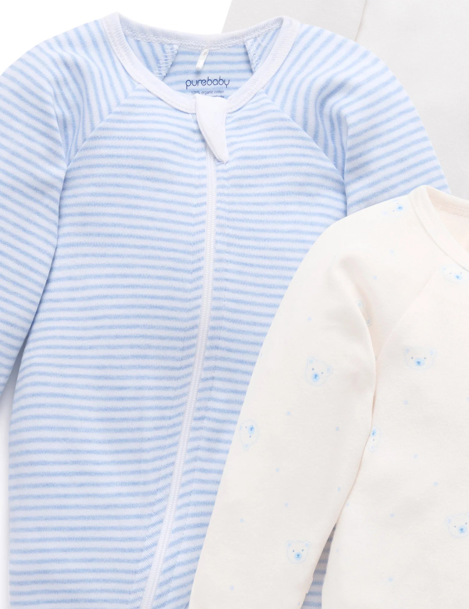 Purebaby Pale Blue Bear 4 Pack Zip Growsuit