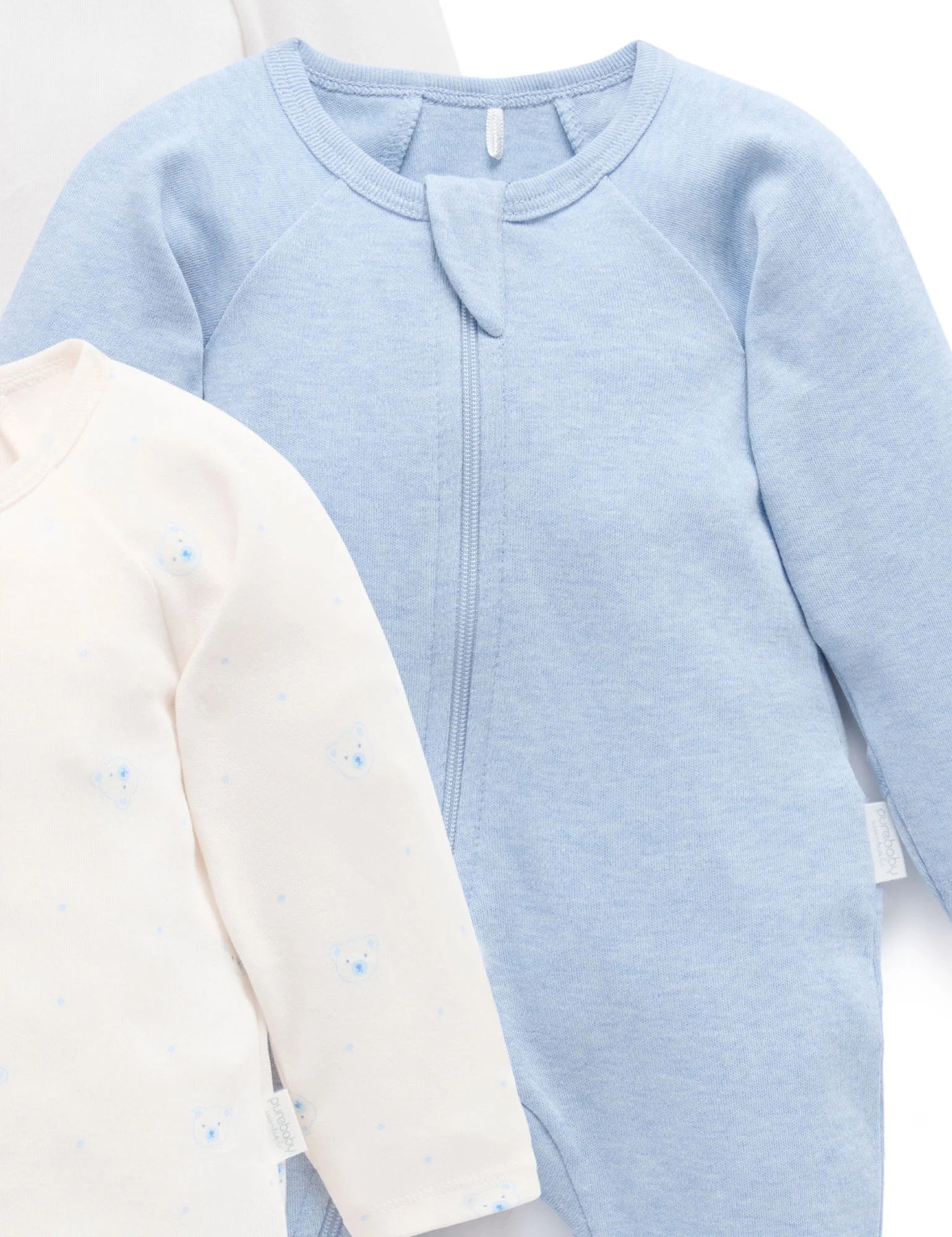 Purebaby Pale Blue Bear 4 Pack Zip Growsuit