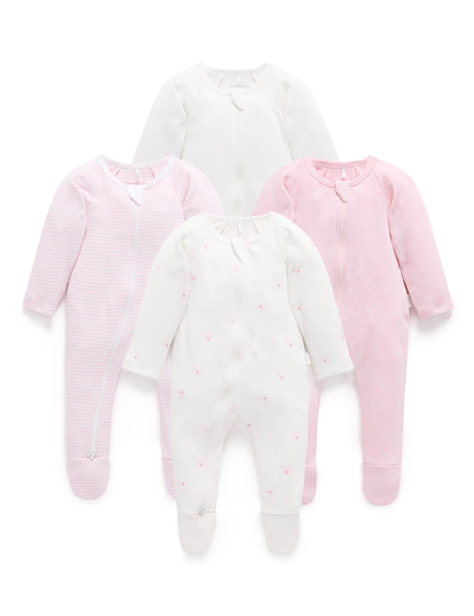 Purebaby Pale Pink Bear 4 Pack Zip Growsuit