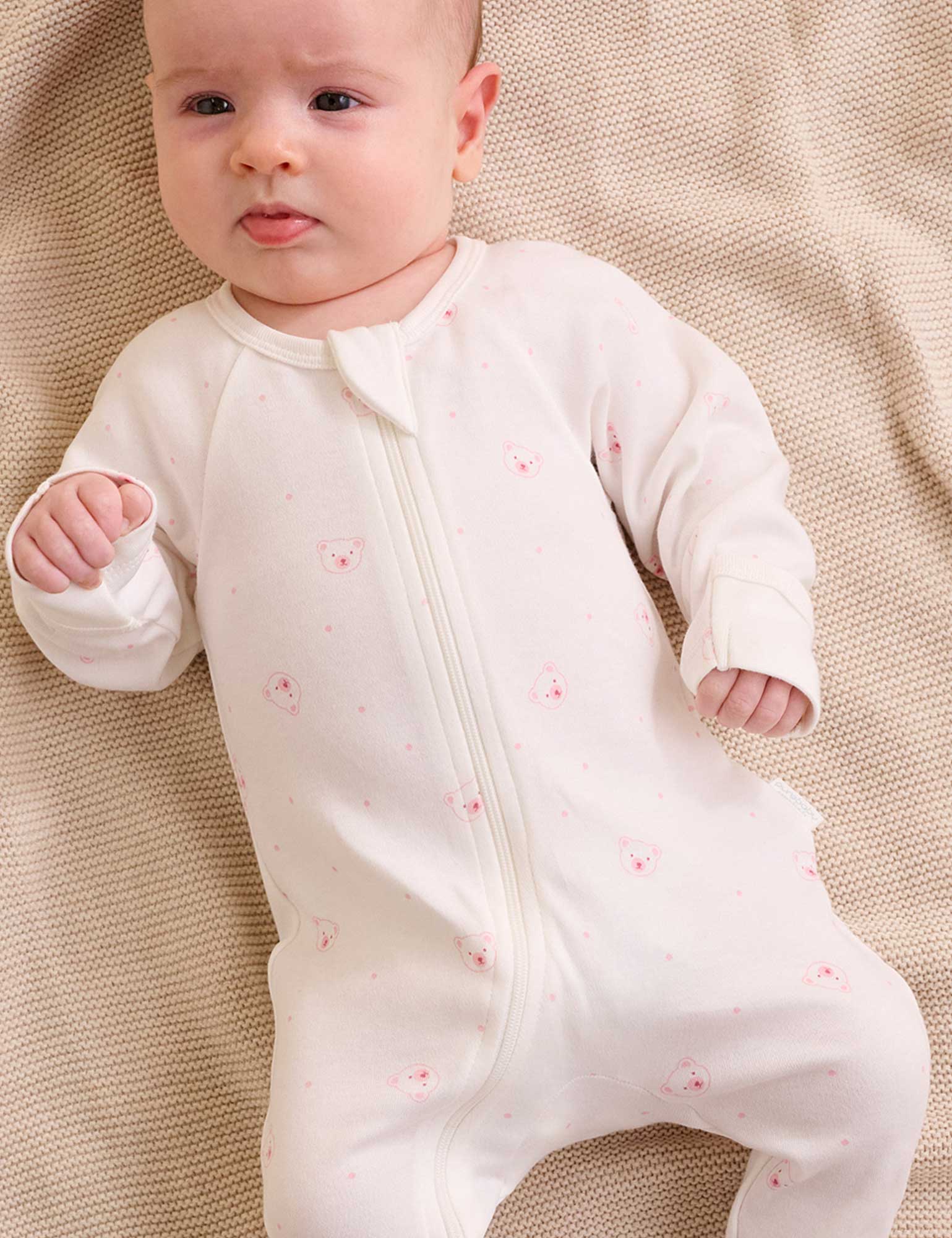 Purebaby Pale Pink Bear 4 Pack Zip Growsuit