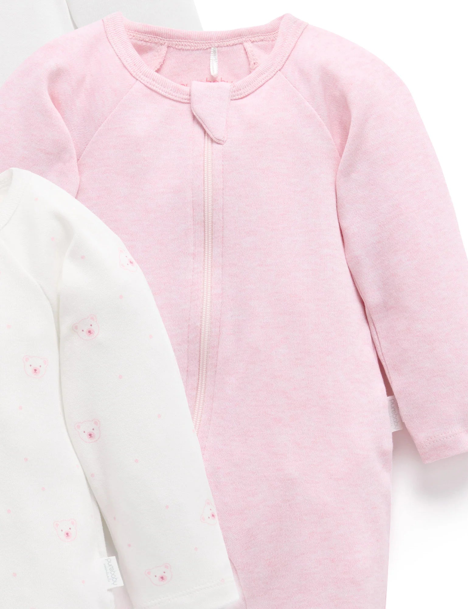 Purebaby Pale Pink Bear 4 Pack Zip Growsuit