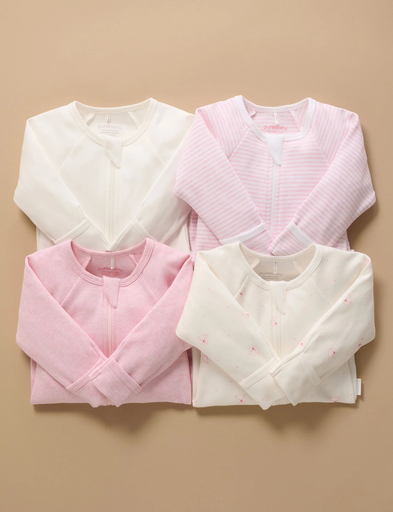 Purebaby Pale Pink Bear 4 Pack Zip Growsuit