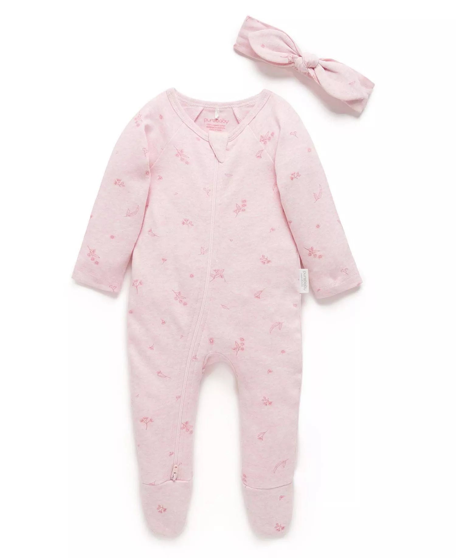 Purebaby Zip Growsuit & Headband Set Pale Pink Blossom