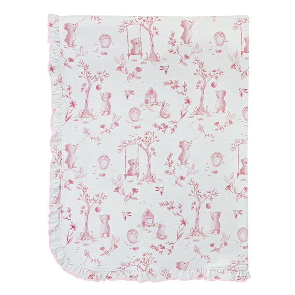 Toile De Jouy Pink Receiving Blanket with Ruffles