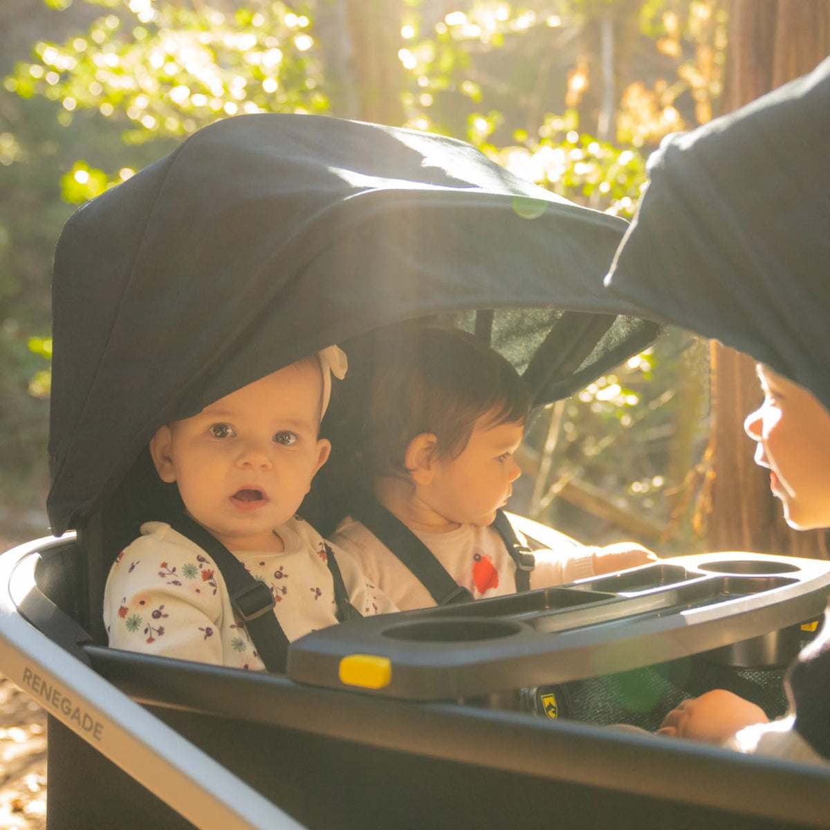 Lifestyle images of children using the renegade wagon with the canopy up