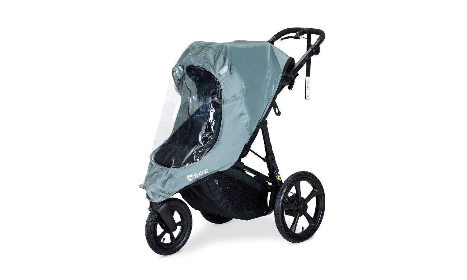 Jogging stroller with rain cover.
