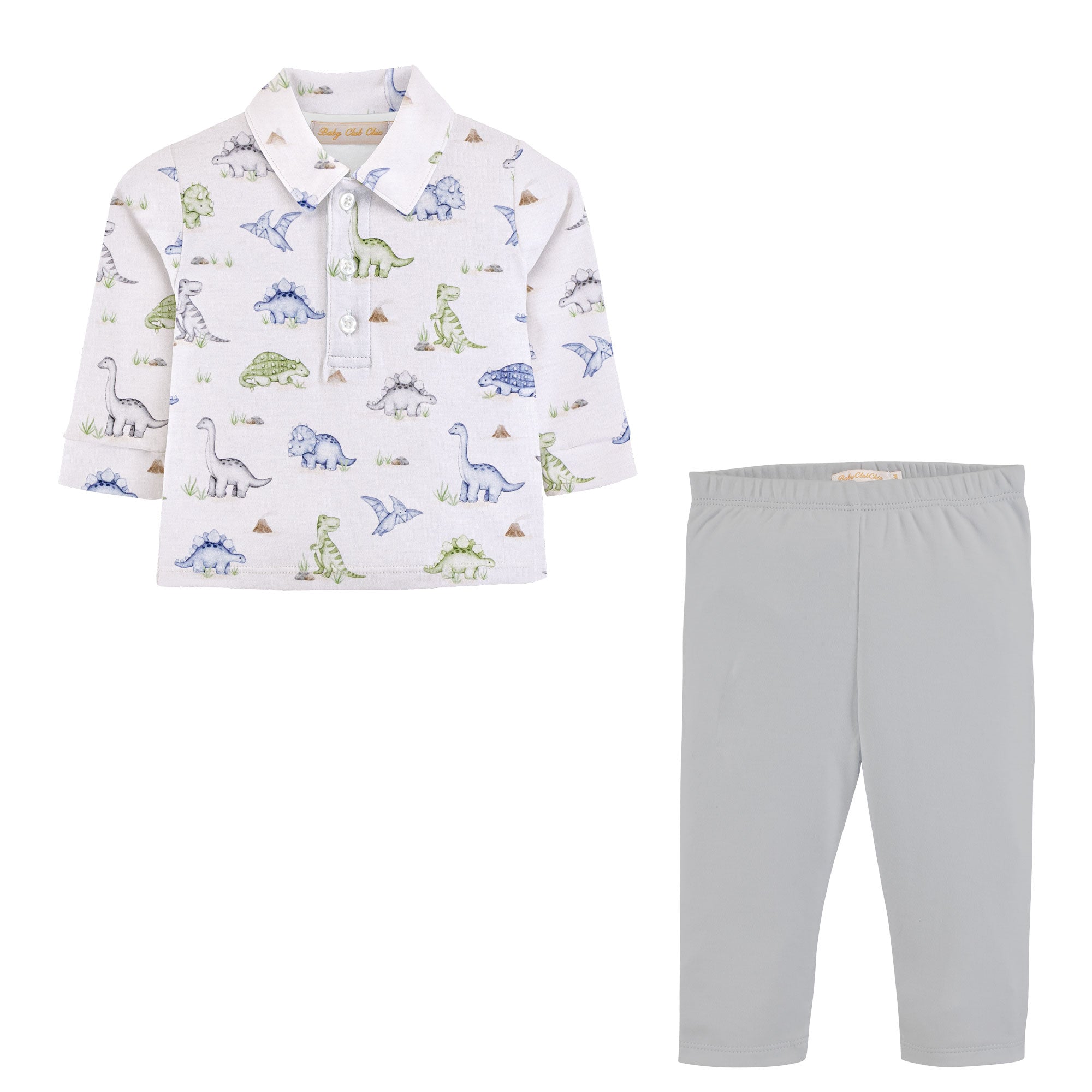 Baby Club Chic Cute Roars Printed Pima L/S Collared Tee & Pants Set
