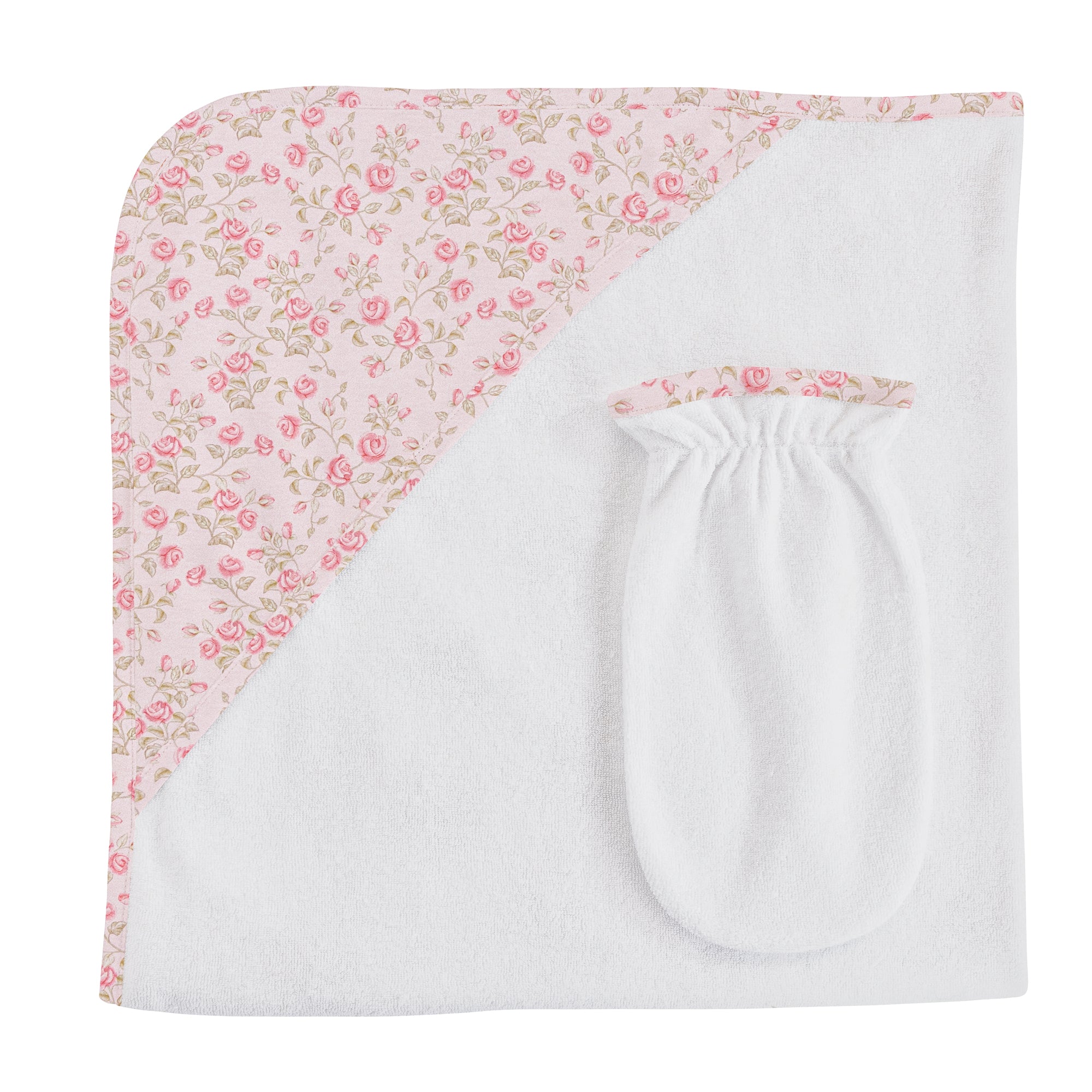 Baby Club Chic Cute Velvet Petals Printed Pima Hooded Towel with Mitt Set