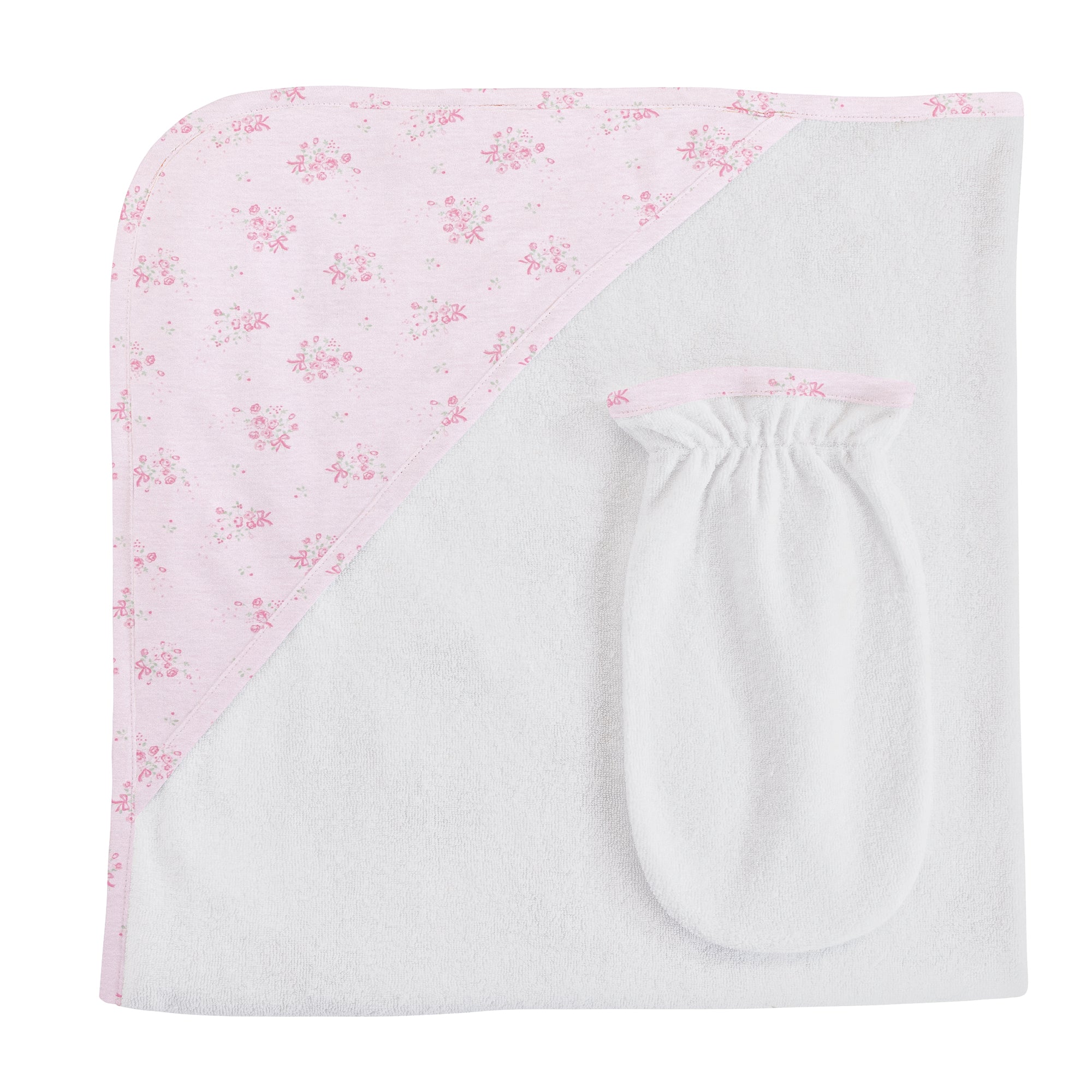 Baby Club Chic Tiny Bunch of Roses Printed Pima Hooded Towel with Mitt Set