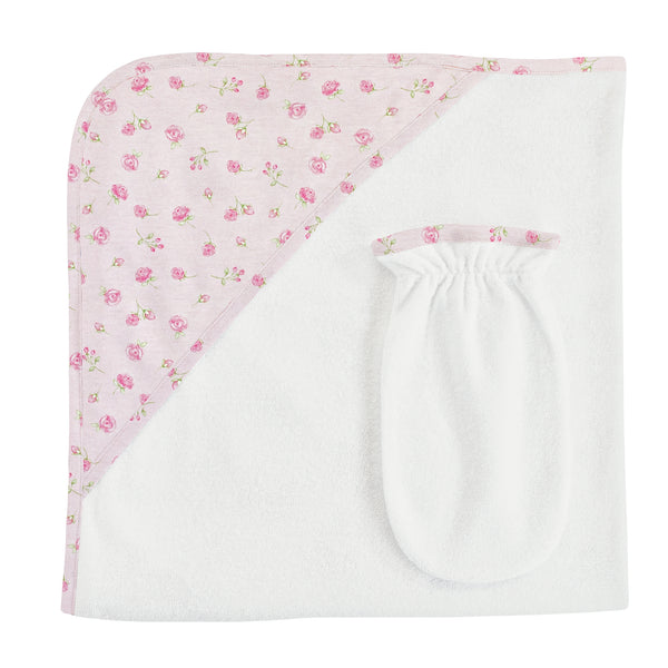 Rosebuds Printed, Hooded Towel with Mitt Set