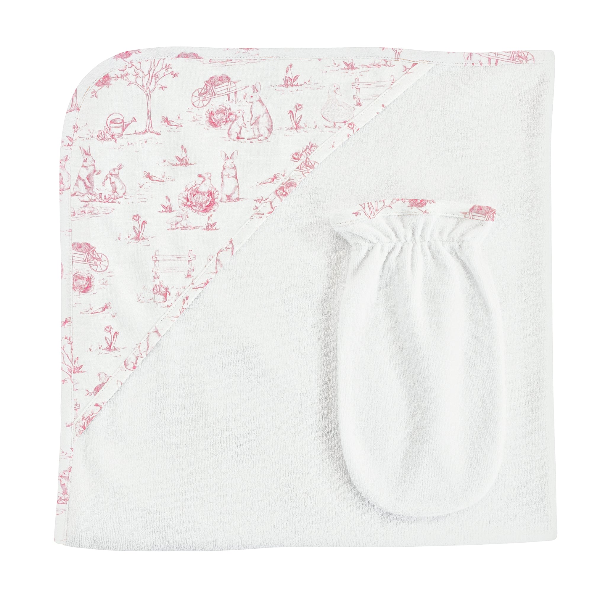 Baby Club Chic Pink Toile Bunnies, Hooded Towel with Mitt Set