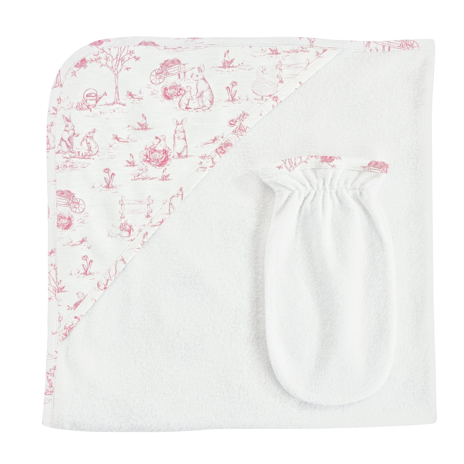 Baby Club Chic Pink Toile Bunnies, Hooded Towel with Mitt Set