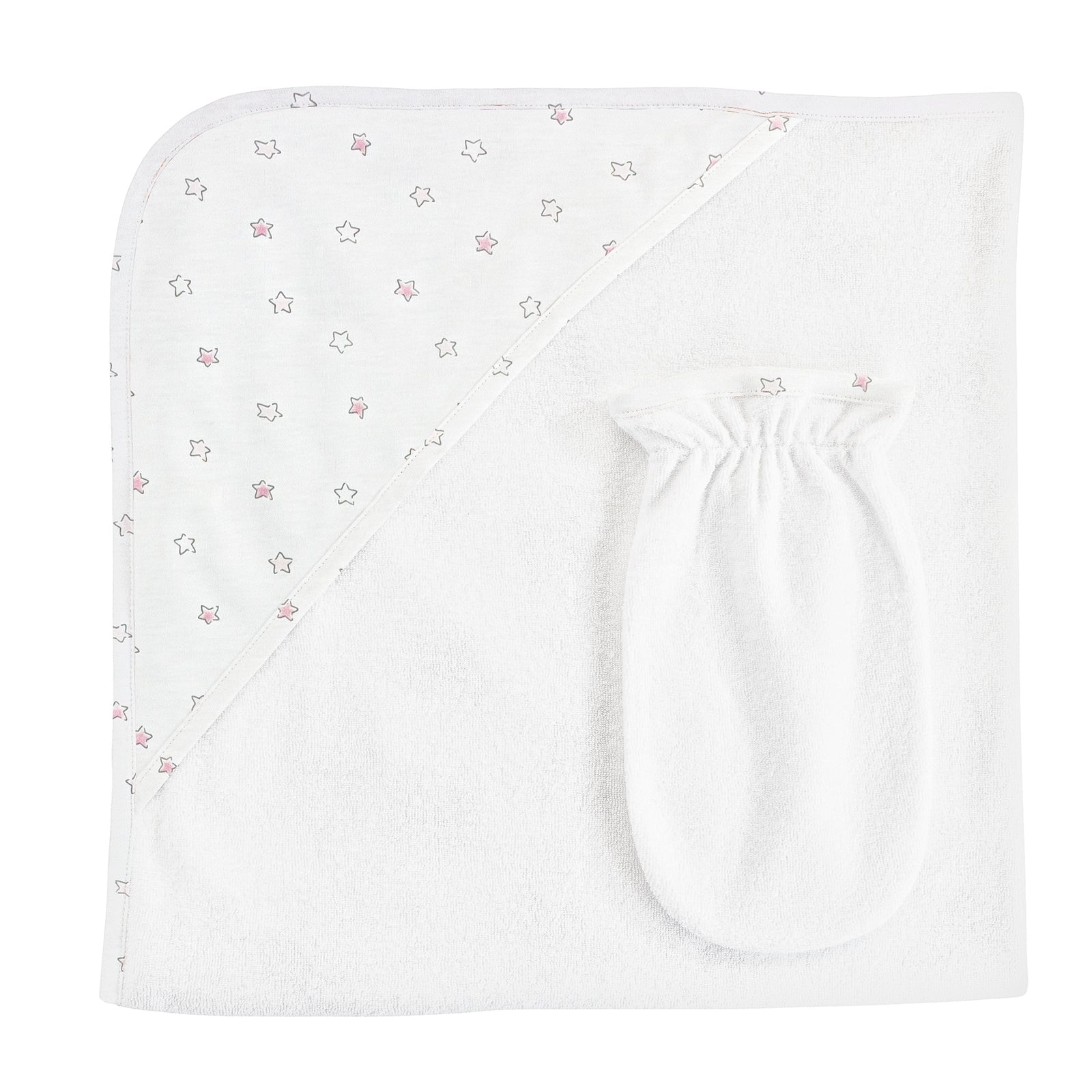 Pink Little Stars, Hooded Towel with Mitt Set