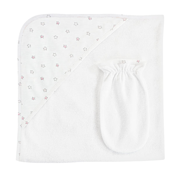 Pink Little Stars, Hooded Towel with Mitt Set