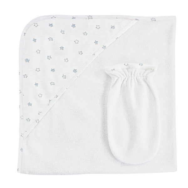 Blue Little Stars, Hooded Towel with Mitt Set