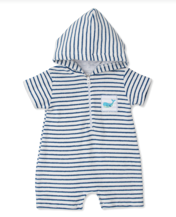 Watercolor Whales Stripes Terry Romper, Blue